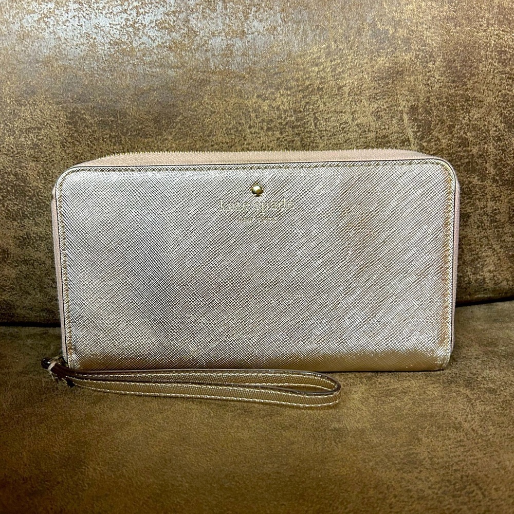 Kate Spade Storybook Zip Around Wallet Gold Metallic Wristlet EUC